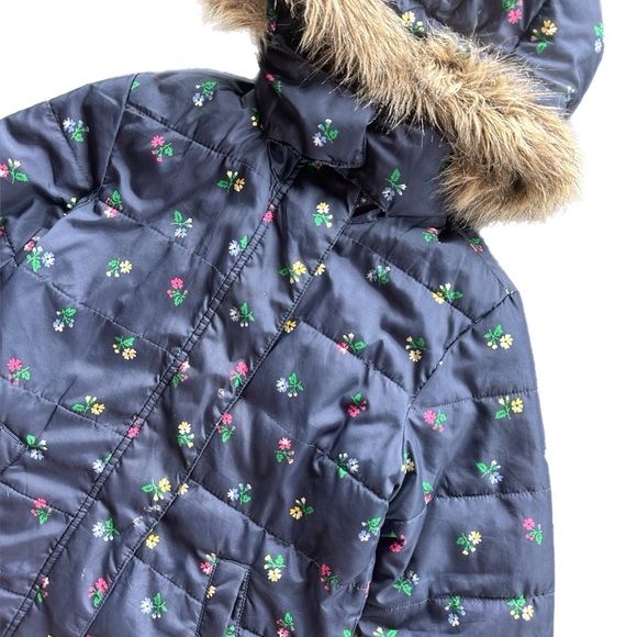 Gap Girls Navy Blue Floral Puffer Coat With  Fur Hood Size M - Picture 2 of 9